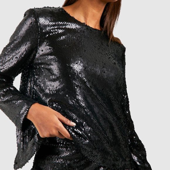 NWT BLACK FESTIVE SEQUIN OPEN BACK TOP - Picture 4 of 8